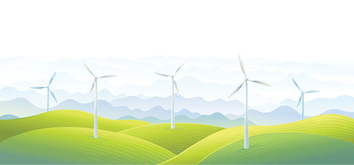 Landscape with wind turbines propellers, generating electricity from wind located on green hills.