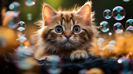 Funny wet gray tabby cute kitten in bath. Just washed lovely fluffy cat with soap foam on his head.