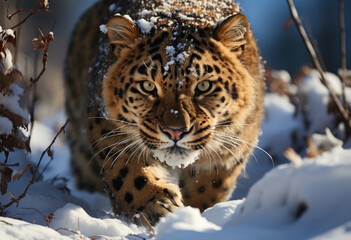 The crouching Amur snow leopard with sharp eyes follows innate hunting tactics amidst snow covered mountainous terrain calculatingly locking on unseen prey created with Generative AI Technology  - obrazy, fototapety, plakaty