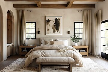 Serene Sanctuary A Modern Bedroom Interior Illuminated by Natural Light, Adorned with Wooden Accents and Contemporary Artwork, Exuding a Relaxing Atmosphere