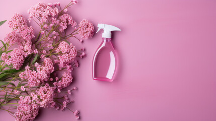 A plastic bottle without label on pink background. Mockup for cosmetic product, minimal concept.