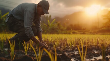 A farmer wearing a hat planting rice in a rice field against the backdrop of mountains and orange sunlight. Created with Generative AI.