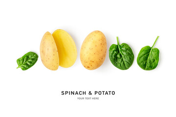Potato and spinach leaves top view isolated on white background.