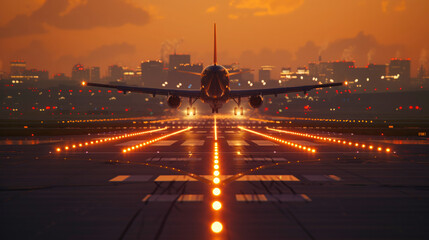 Commercial jet airplane landing at dusk. Runway strip lights reflect on the wet tarmac, orange city glow of dusk behind. - obrazy, fototapety, plakaty