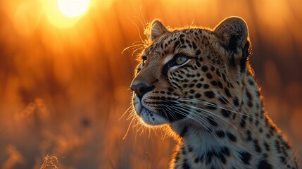 Dusk Sentinel: Leopard in the Glow of Sunset - obrazy, fototapety, plakaty