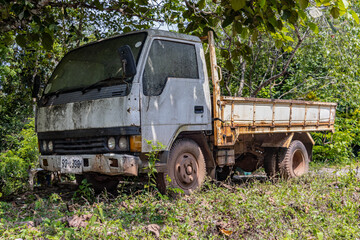 An old truck is parked in nature