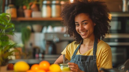 Beautiful young afro woman holding a green smoothie standing in the modern kitchen with various fruits like oranges and lemons on the countertop. Healthy eating, vegetarian diet.