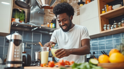 Smiling afro man wearing a white t-shirt, in a modern kitchen, making a smoothie with fruits and vegetables. Healthy eating, vegetarian diet.