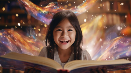 child little girl reading a magic book in the dark home