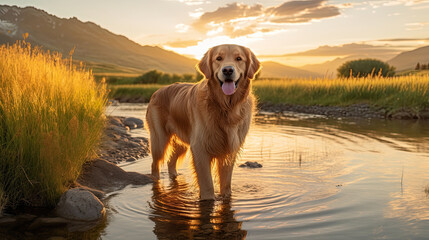 A happy Golden Retriever dog standing happily above a calm river in a valley with a backdrop of mountains completes the serene atmosphere created with Generative AI Technology 
