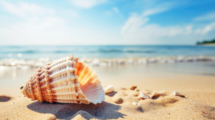 Fototapeta na wymiar Large Seashell Conch lying on the sand beach on a sunny day and waves crashing in the distance for Travel vacation concept created with Generative AI Technology
