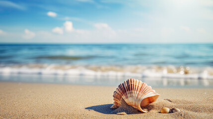 Large Seashell Conch lying on the sand beach on a sunny day and waves crashing in the distance for Travel vacation concept