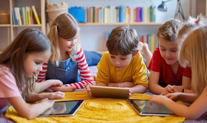 children with tablets technology at school for education with happy kids at school or library studying with fun