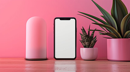 mockup featuring a blank smartphone placed in a 'front view' orientation on a clean wooden desk, accompanied by a soft pink lamp casting a warm glow