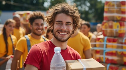 Naklejka premium Happy male volunteer smiling while packing food and water bottle in a donation center.