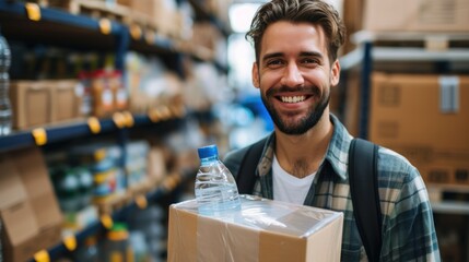 Happy male volunteer smiling while packing food and water bottle in a donation center.