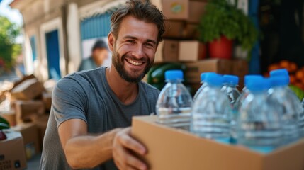 Fototapeta premium Happy male volunteer smiling while packing food and water bottle in a donation center.