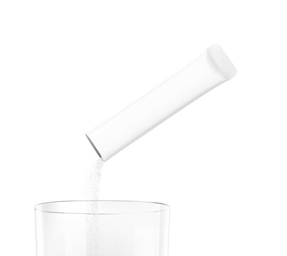 Stick pack pouring powder product on clear glass. Vector illustration isolated on a white background. Ready for use in presentation, promo, advertising and more. EPS10.