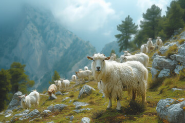 Obraz premium A group of goats grazing on a mountainside, showcasing their adaptability to challenging terrains. Concept of mountainous foraging. Generative Ai.