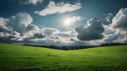 Green landscape with white clouds, green, landscape, white, clouds, nature, scenery, outdoors, countryside, environment, sky, trees, grass, hills, mountains, meadows, fields, serene, tranquil