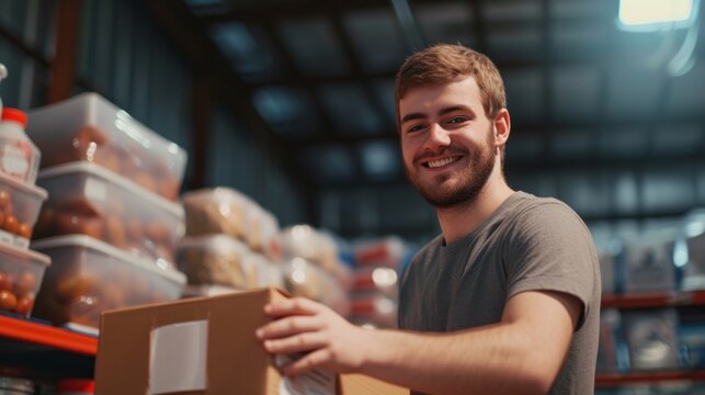 Happy male volunteer smiling while packing food and water bottle in a donation center.