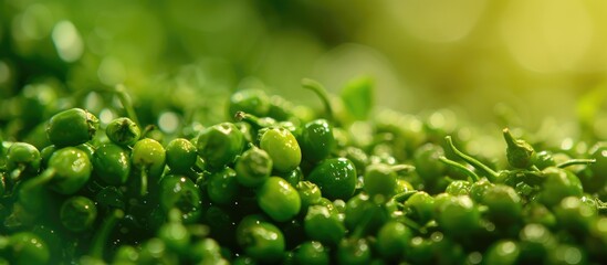 Green pepper seeds in a closeup shot.