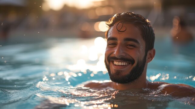 A beaming young man with a beard enjoys the refreshing water of a swimming pool at sunset, with sunlight reflecting off the water's surface