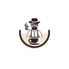 graphic logo of barista with cup of coffee on white background.