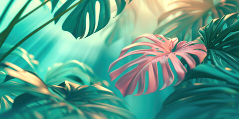 Top view tropical leafs in pastel color on a bright background, Flat lay Minimal fashion summer holiday vacation concept	