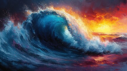 A Painting of a Majestic Wave in the Ocean - obrazy, fototapety, plakaty