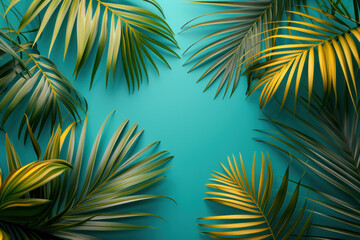 Fototapeta na wymiar Top view tropical palm tree leaves on blue background, Flat lay Minimal fashion summer holiday vacation concept 
