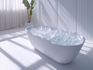 Modern minimalist bathtub filled with ice, serene bathroom