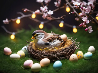 easter nest with sparrow bird and eggs - 731608662