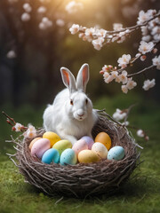 cute easter bunny with painted eggs - 731608669