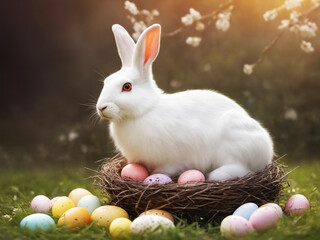 cute easter bunny with painted eggs - 731608679