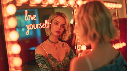A contemplative young woman gazes at her reflection in a mirror framed by glowing bulbs, with a 'love yourself' neon sign in the background