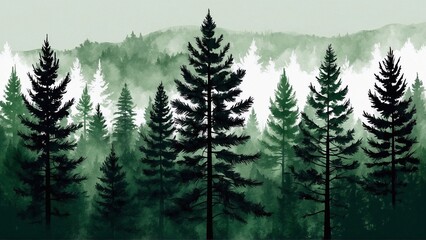 watercolour green pine trees backgrop, forest illustration