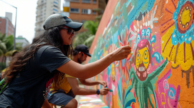A girl artist participates in a city art project with other artists, paints a mural, and revitalizes the area. AI Generative