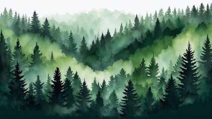 watercolor green forest in the morning, spruce and pine trees silhouette - obrazy, fototapety, plakaty