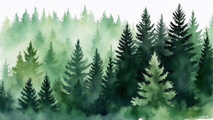 Watercolour misty foggy pine and spruce green forest on white background - obrazy, fototapety, plakaty