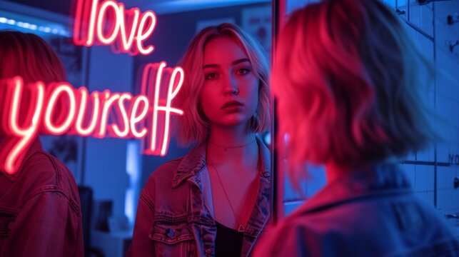 A contemplative young woman is illuminated by a neon sign saying "love yourself," reflected in a mirror, creating a scene of introspection and self-affirmation
