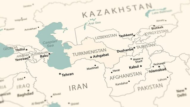Turkmenistan on the world map. Smooth map rotation. 4K animation.