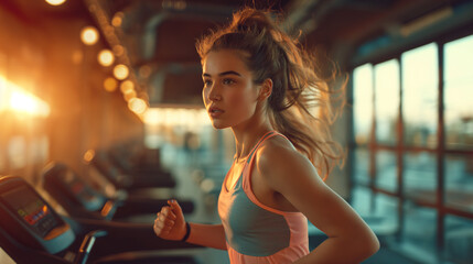 A determined young woman in athletic wear is running on a treadmill in a modern gym, focused on her workout