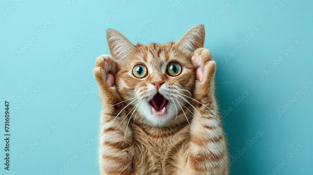 Wall mural surprised shocked cat face with paws on head on blue background with copy space. ai generative