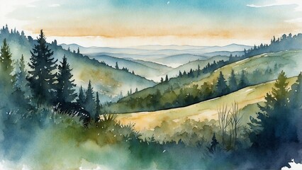 watercolor forest landscape with fog background - obrazy, fototapety, plakaty