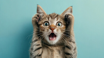 Surprised shocked cat face with paws on head on blue background with copy space.  AI Generative