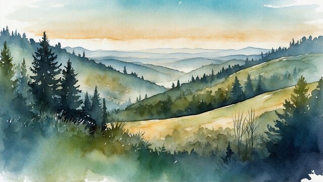 watercolor forest landscape with fog background