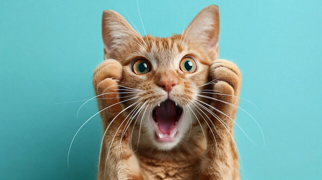 Surprised shocked cat face with paws on head on blue background with copy space.  AI Generative