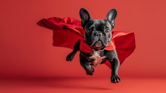 Another dynamic shot of a French Bulldog in mid-leap, donning a red superhero cape against a bold red background, embodying playfulness and courage