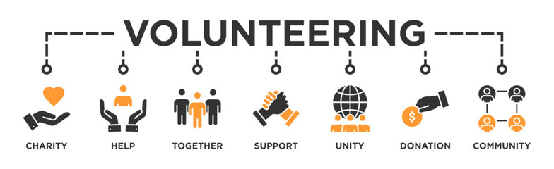 Volunteering banner web icon vector illustration concept for volunteer aid assistant with icon of charity, help, together, support, unity, donation, and community 